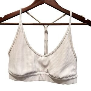 ALO Yoga Ribbed Blissful Bra Size Medium Ivory  V-Neck Y-Back Everyday Support